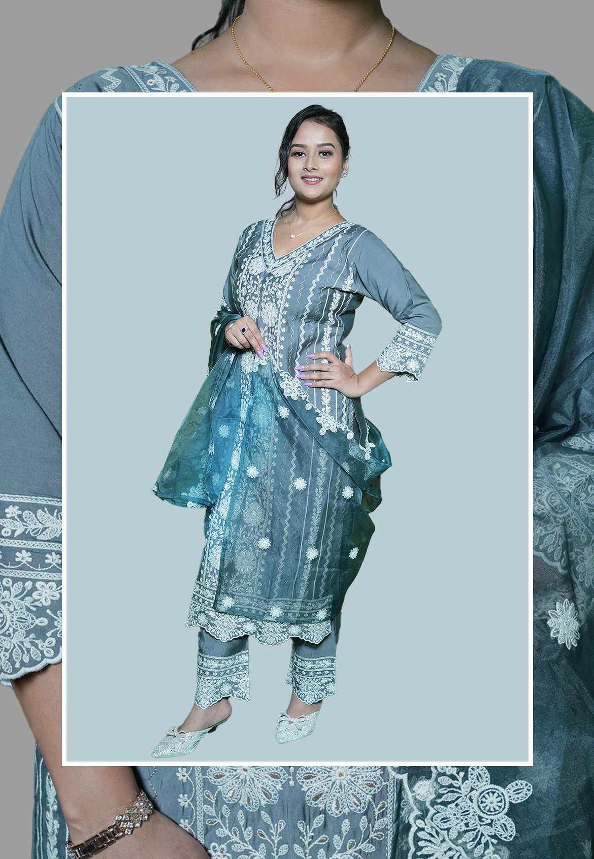 Grey Thread Work Kurta Set