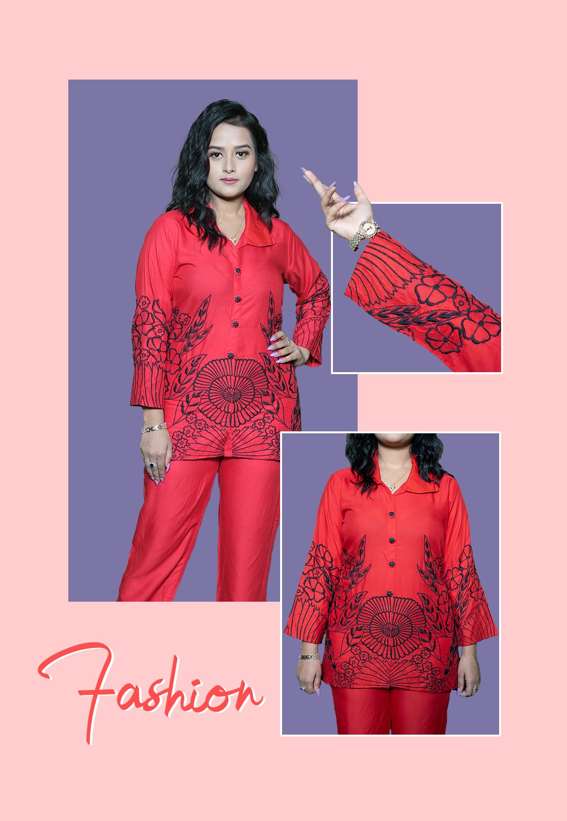 Red & Black hand Work Co-ord Set - Image 3